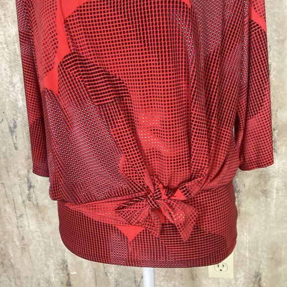 Clara Sun Woo Sz Small Dolman Sleeve Blouse Top Red Side Tie Abstract Print EUC - Picture 5 of 7